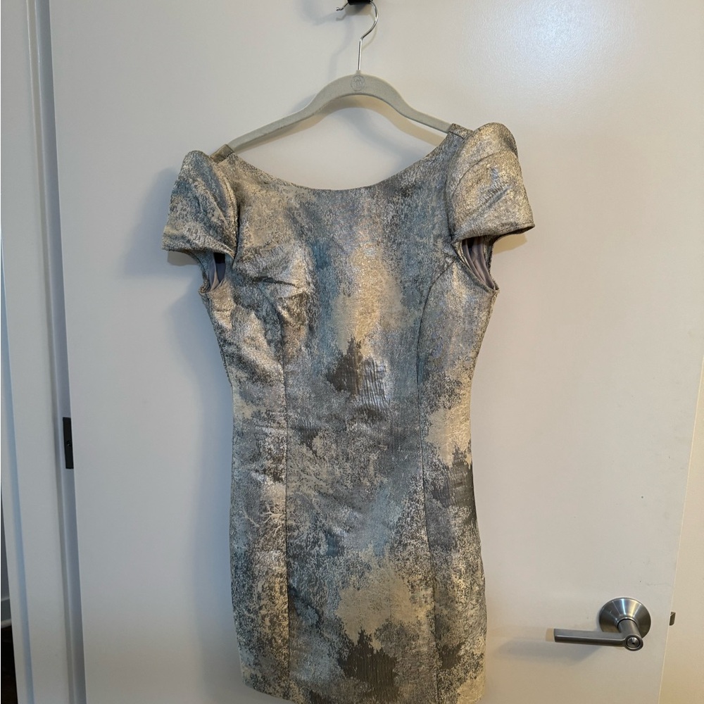 Fun, runway style short, open back, white and silver dress.